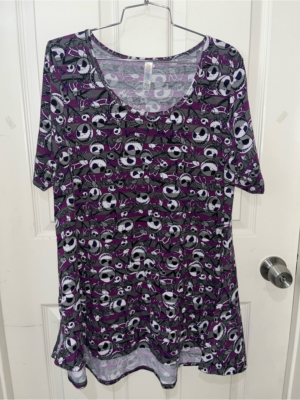 LuLaRoe Purple Striped Scoop Neck Tunic with Character Print